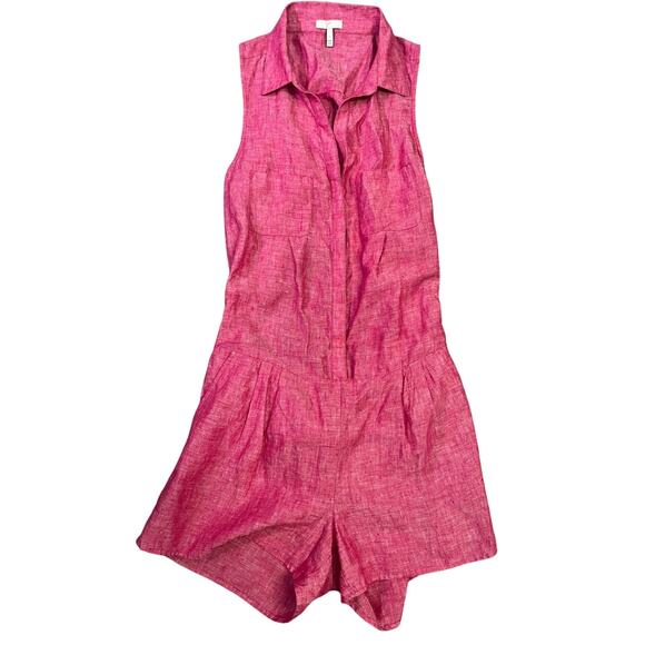 Joie Belted Linen Romper Toinette Pink Cutout Back Pockets Chambray Shorts S - Picture 2 of 15